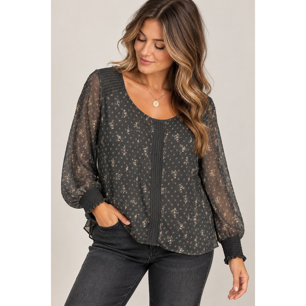 Whimsigoth Boho Sheer overlay Swiss Dot Floral Blouse Dark Romantic XL